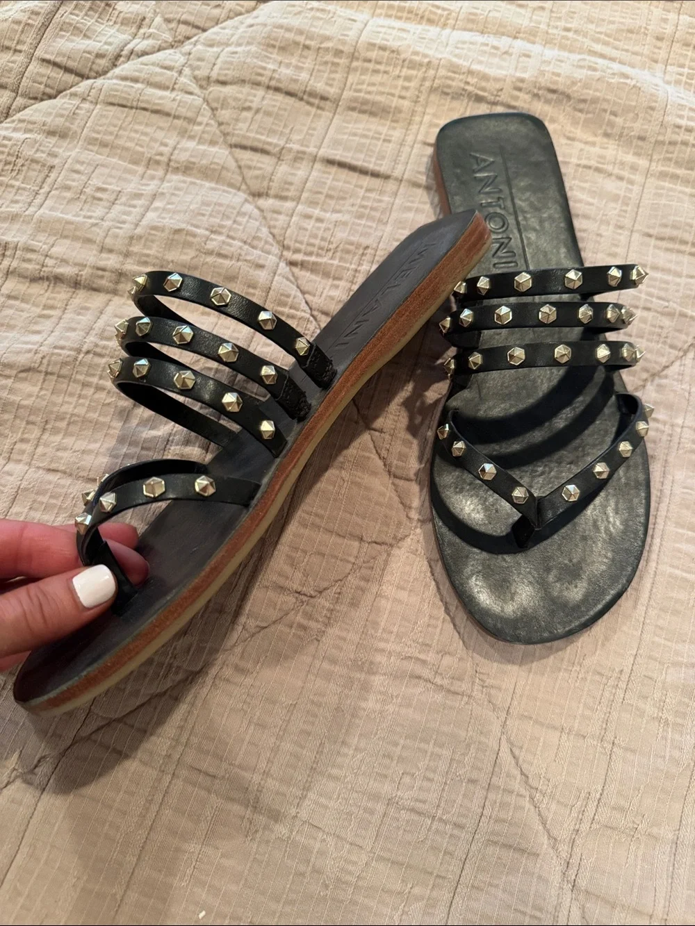 Black Studded Leather Slide Sandals - Picture 3 of 5